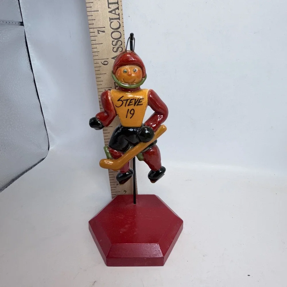 Vintage 1996‎ Steve 19 Hockey Player Wooden Christmas Ornament Hand Painted Red